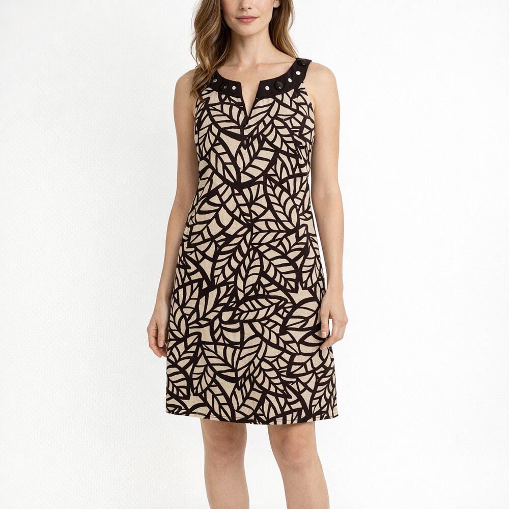 Willow Glenn Linen shift dress brown and cream leaf pattern Size 14
